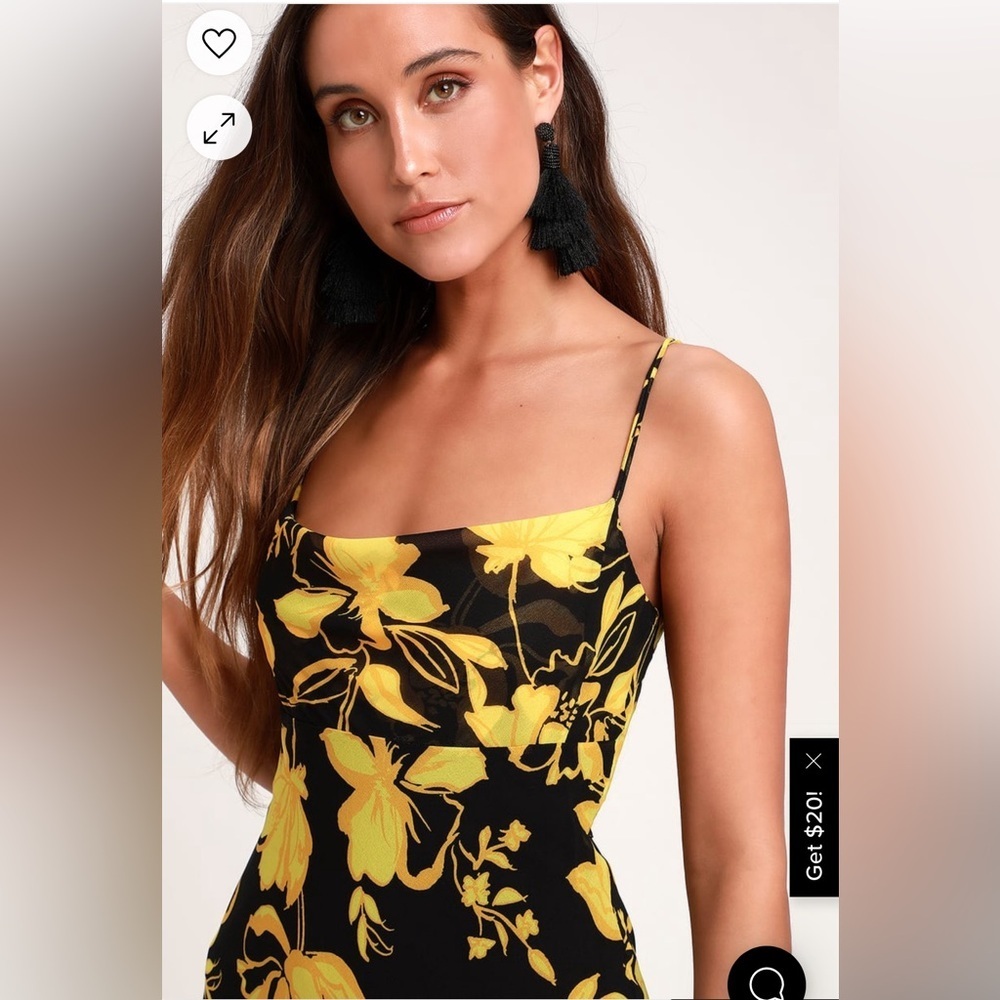 C/MEO On and Off Black and Yellow Floral Print Asymmetrical Midi Dress Sz Large - Picture 5 of 15